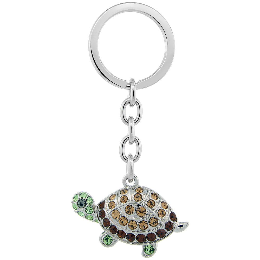 Sabrina Silver Jeweled Tortoise Turtle Key Chain Crystal Key Ring for Women Austrian Elements Multi Color 3 1/2 inches long