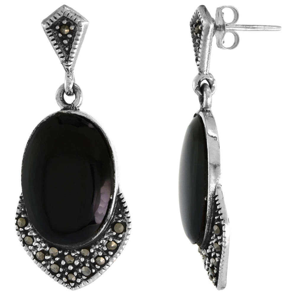 Sterling Silver Black Onyx Marcasite Dangle Earrings Oval, 5/8 inch wide