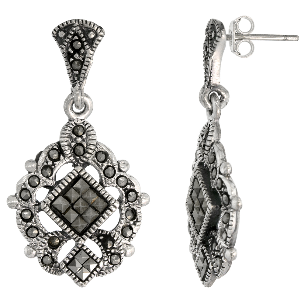 Sterling Silver Filigree Marcasite Dangle Earrings, 3/4 inch wide