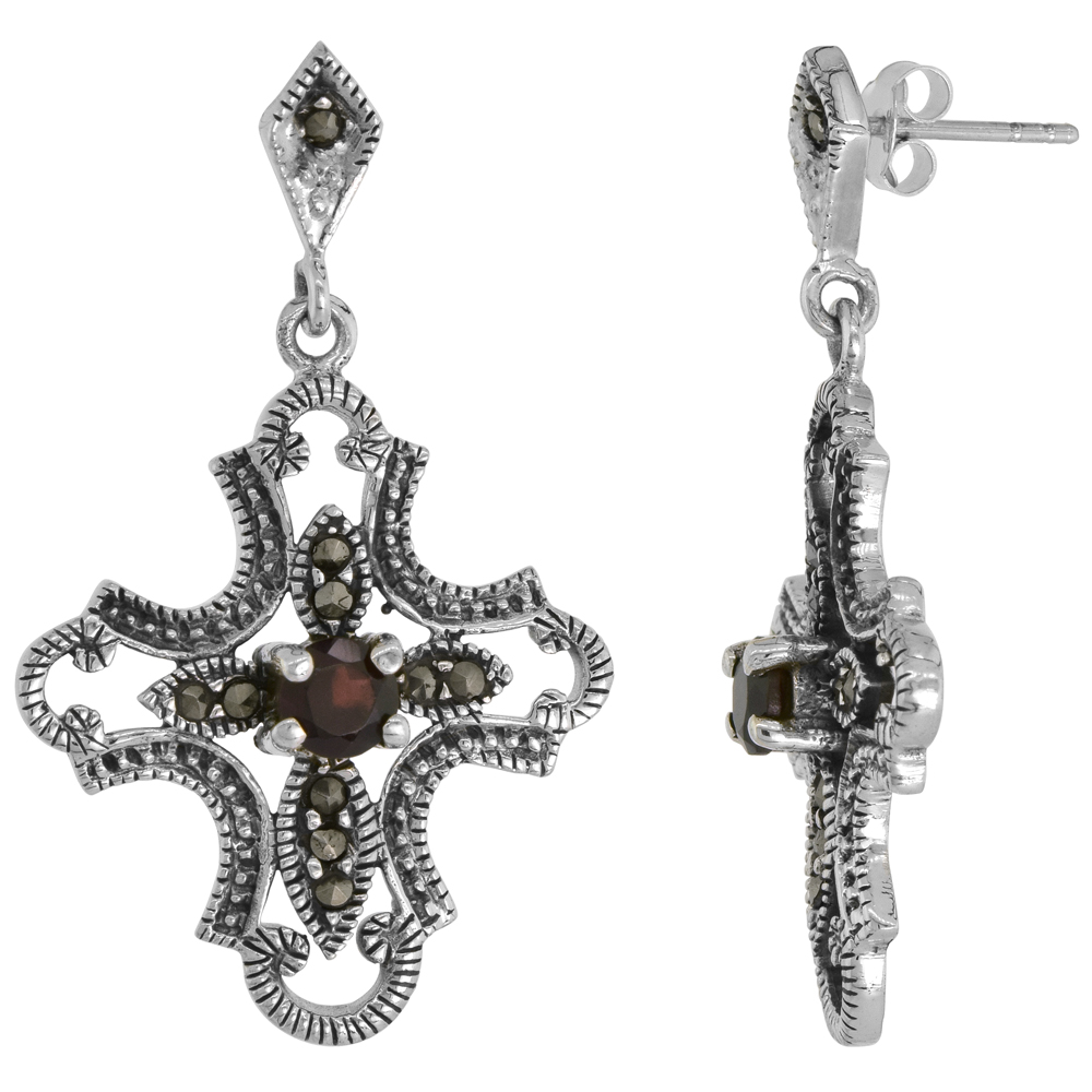 Sterling Silver Red Cubic Zirconia Marcasite Cross Dangle Earrings, 1 1/16 inch wide