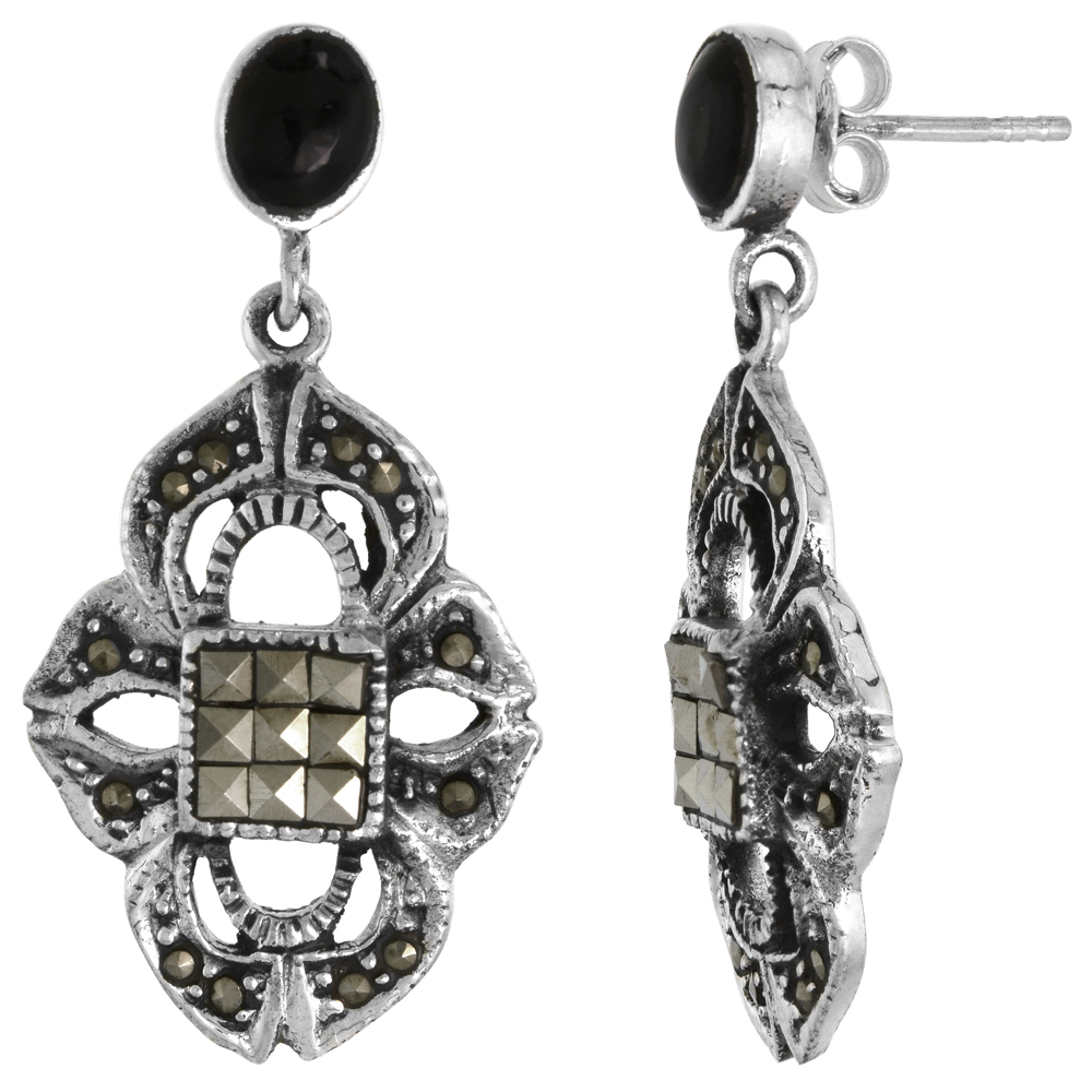 Sterling Silver Quatrefoil Marcasite Dangle Earrings Black Onyx Post, 3/4 inch wide