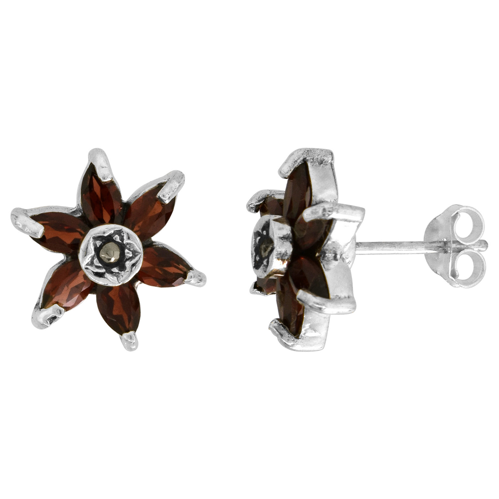 Sterling Silver Red Cubic Zirconia Flower Earrings, 9/16 inch wide