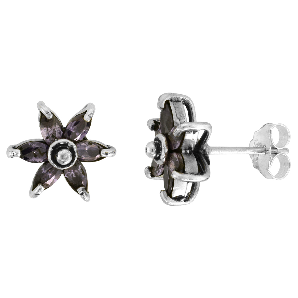 Sterling Silver Purple Cubic Zirconia Flower Earrings, 9/16 inch wide
