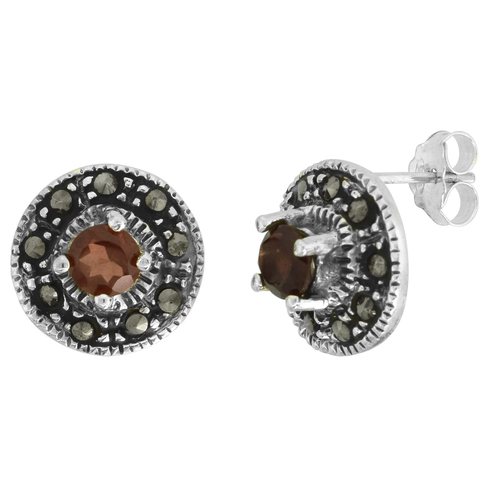 Sterling Silver Red Cubic Zirconia Marcasite Post Earrings, 1/2 inch wide