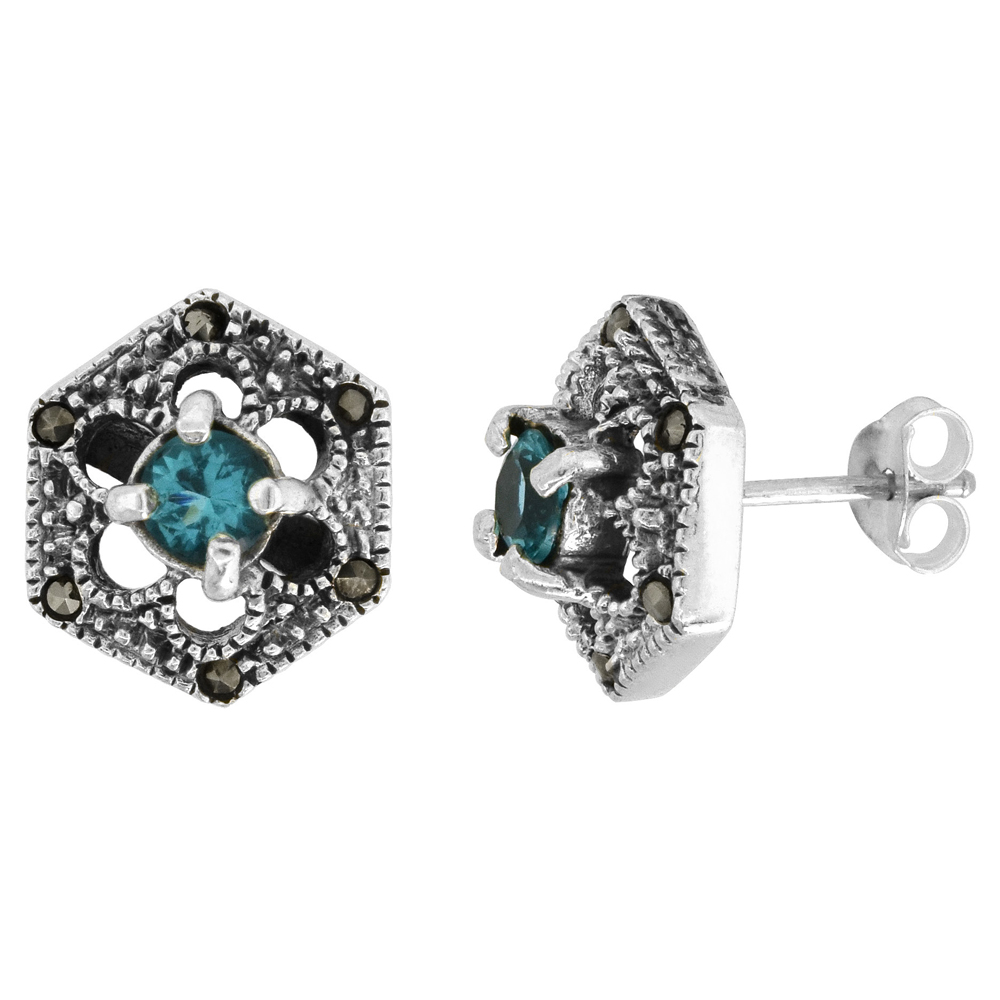 Sterling Silver Blue Cubic Zirconia Marcasite Earrings Hexagonal, 1/2 inch wide