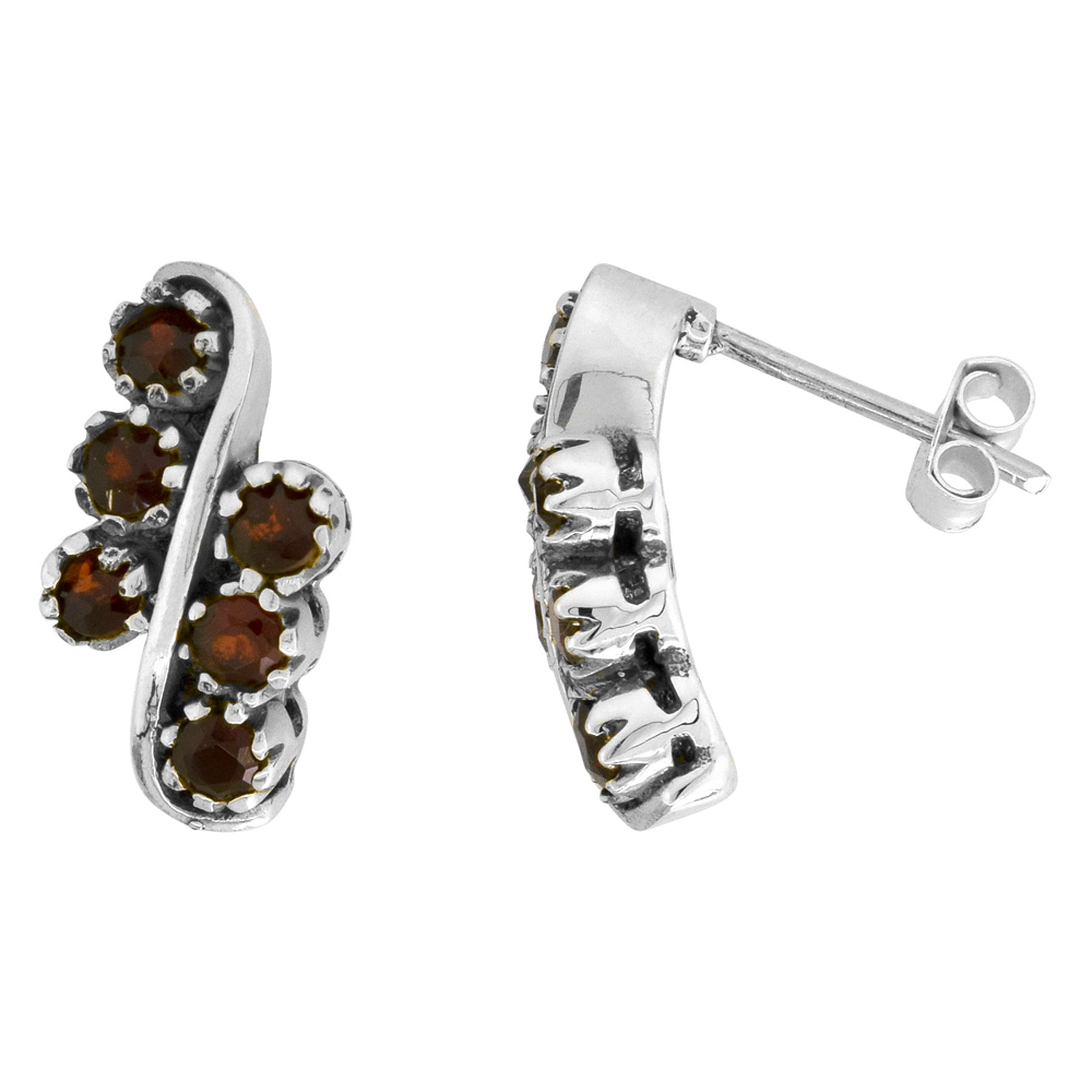Sterling Silver Two-Row Red Cubic Zirconia Post Earrings, 5/16 inch wide