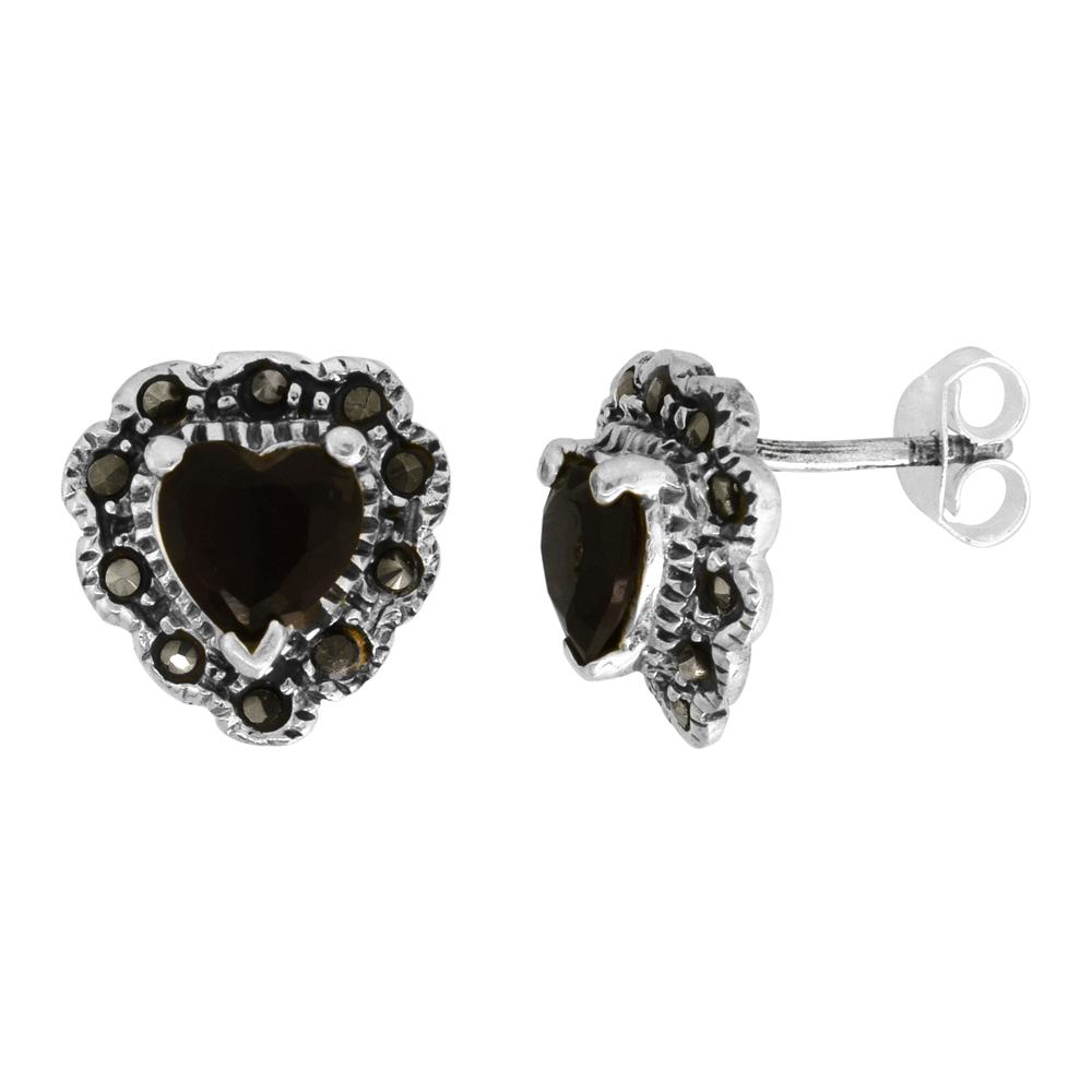 Sterling Silver Red Cubic Zirconia Marcasite Earrings Heart Shape, 11/16 inch wide