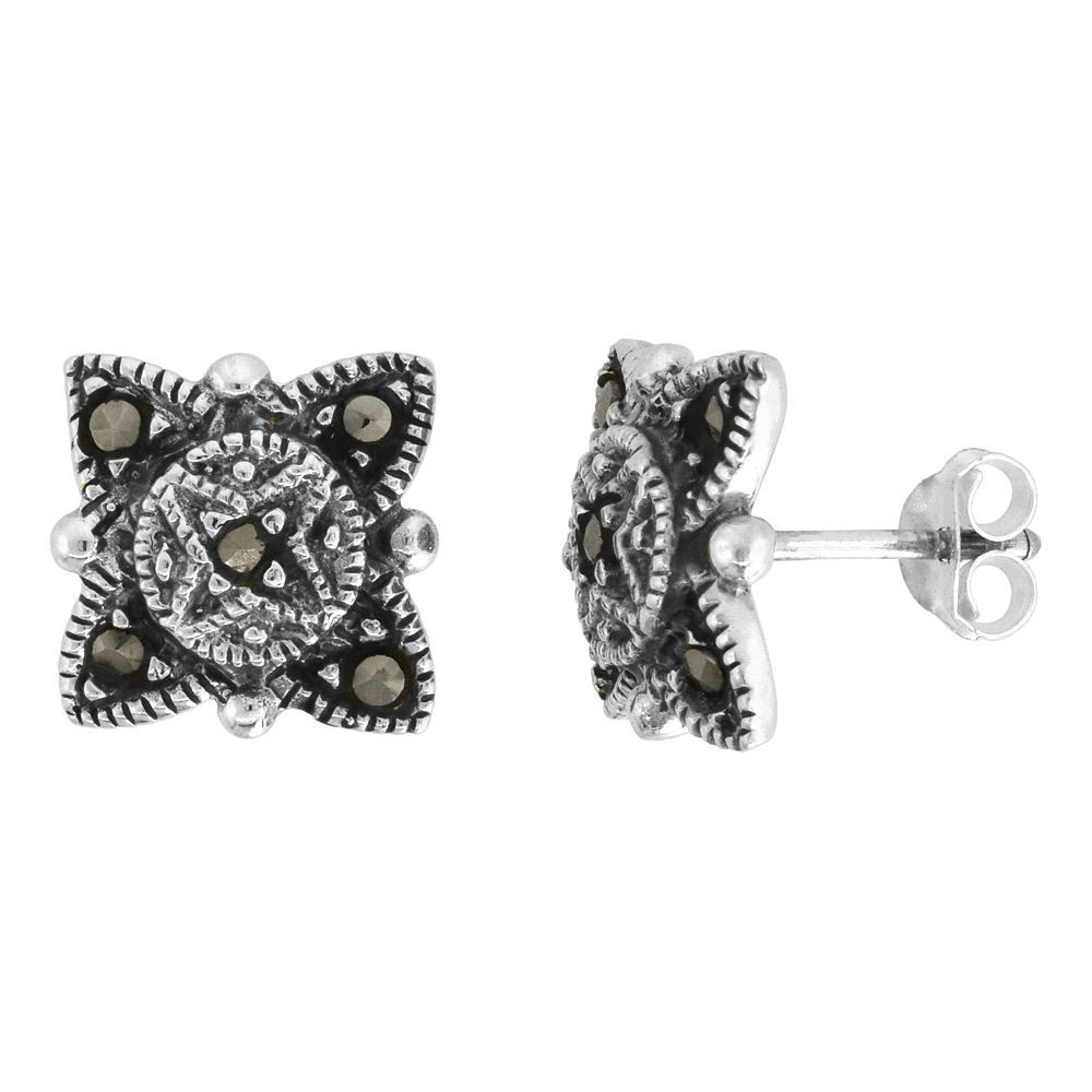 Sterling Silver Star Marcasite Post Earrings, 11/16 inch wide