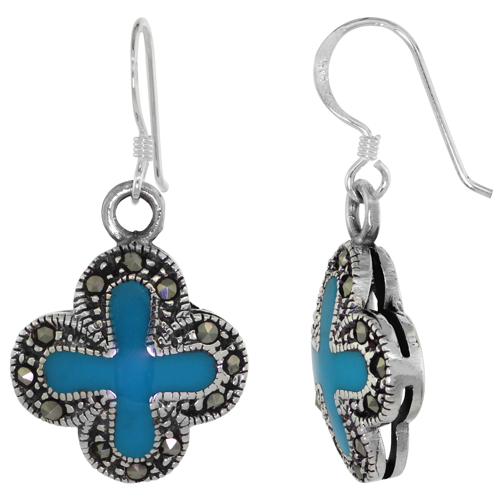 Sterling Silver Blue Cross Marcasite Dangle Earrings, 1 3/8 inch long