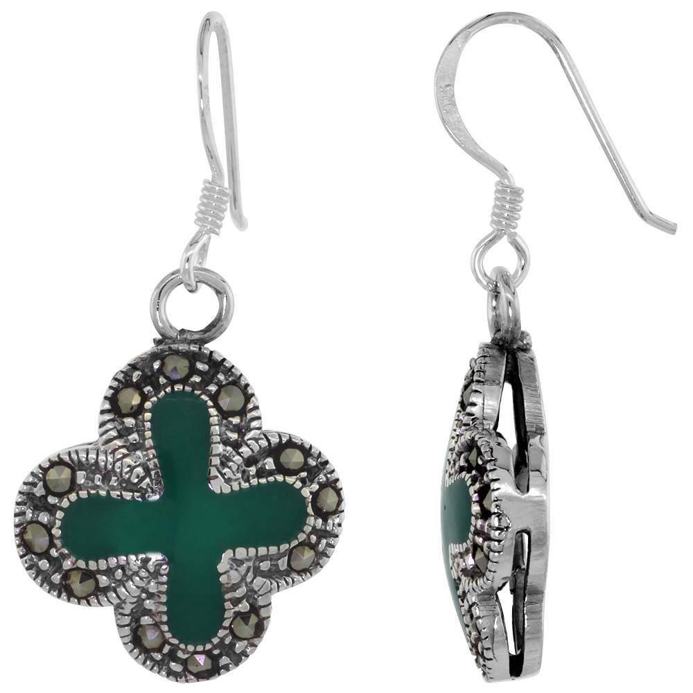 Sterling Silver Green Cross Marcasite Dangle Earrings, 1 3/8 inch long