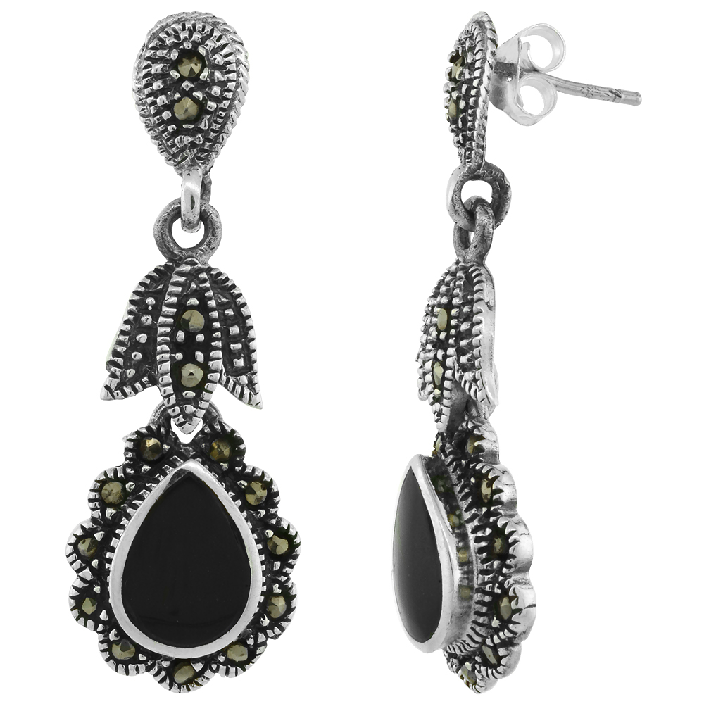 Sterling Silver Black Onyx Teardrop Marcasite Dangle Earrings, 1 1/2 inch long
