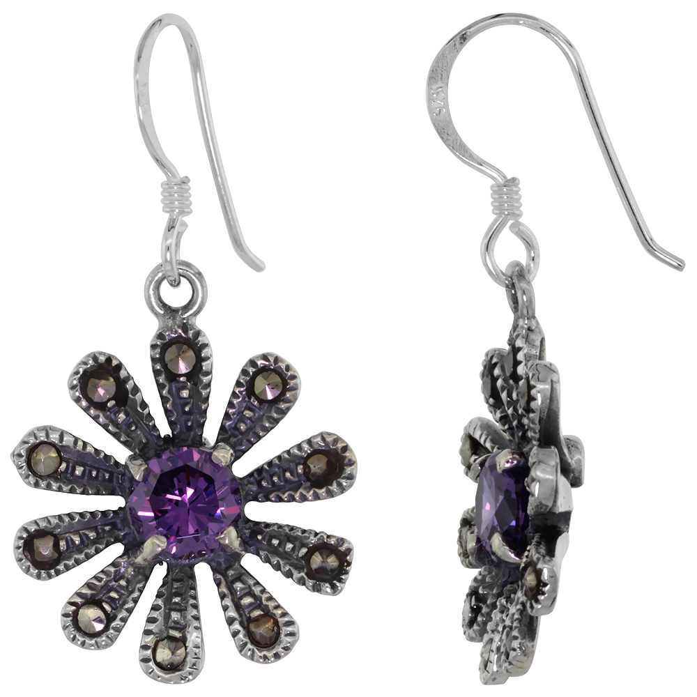 Sterling Silver Cubic Zirconia Amethyst Daisy Marcasite Dangle Earrings, 1 3/8 inch long