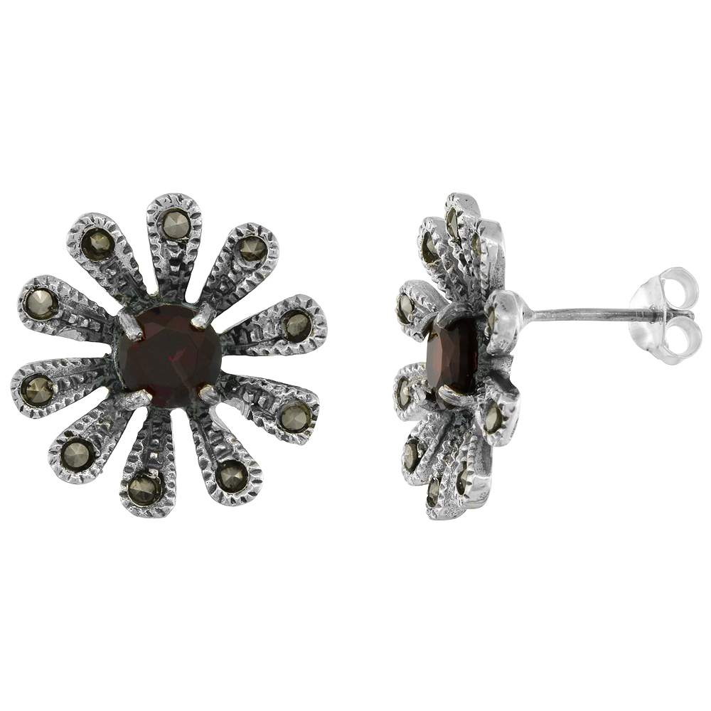 Sterling Silver Cubic Zirconia Garnet Daisy Marcasite Stud Earrings, 3/4 inch wide