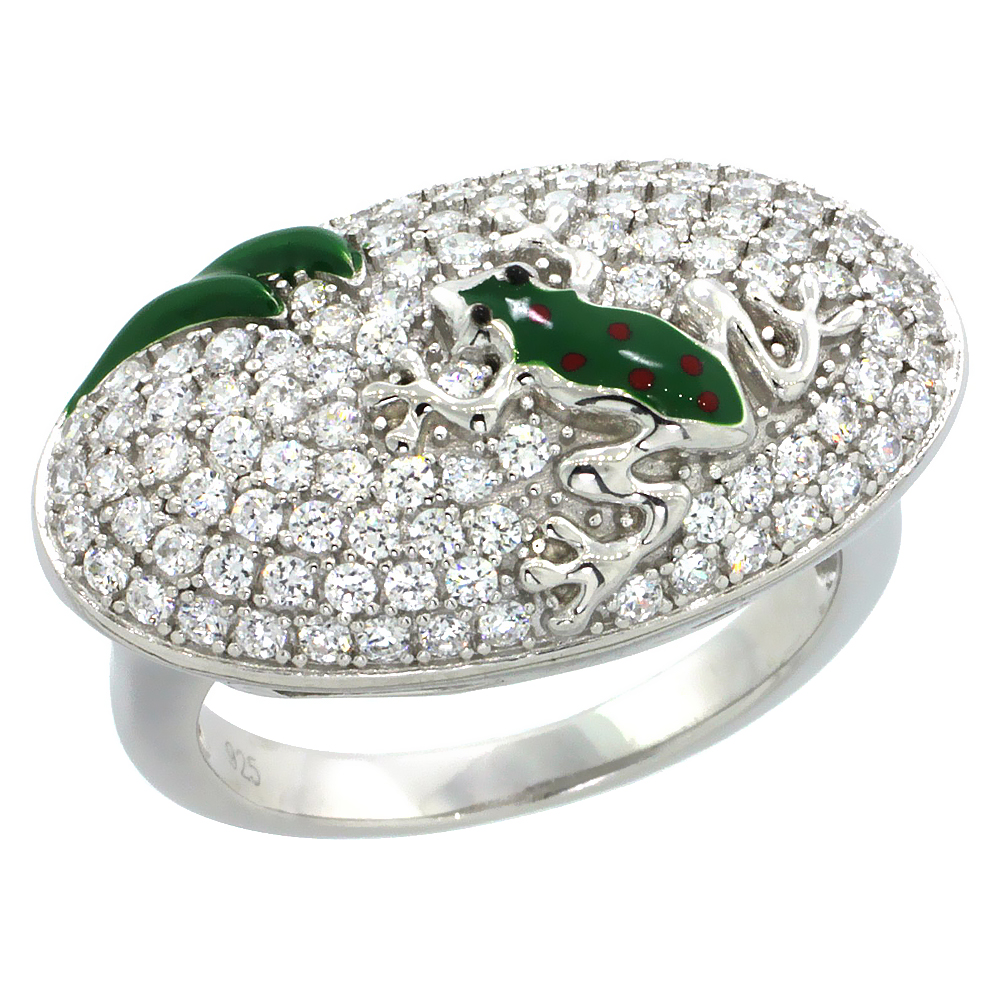 Sterling Silver Polka Dot Frog on Oval Ring w/ Brilliant Cut CZ Stones, 9/16 in. (14 mm) wide