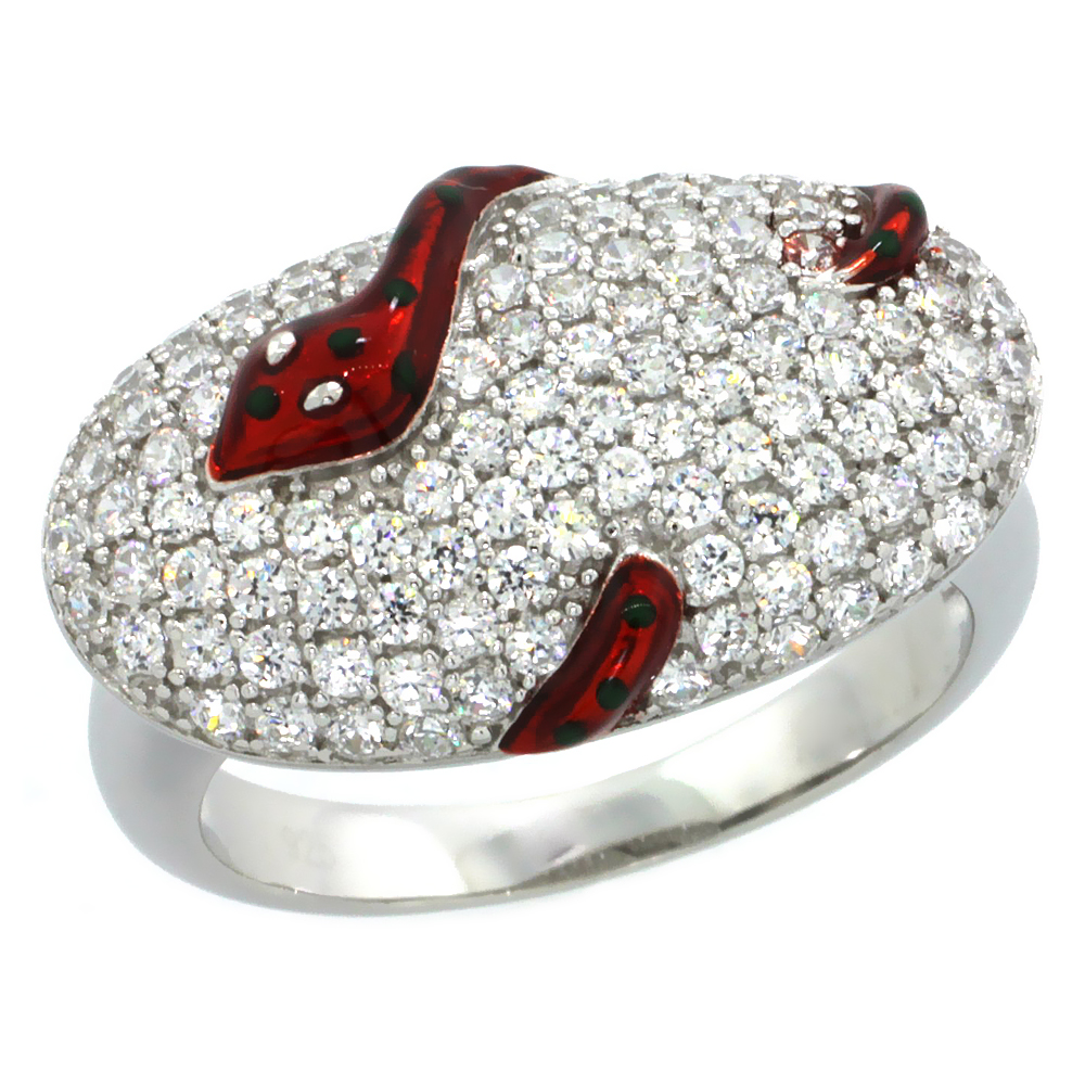 Sterling Silver Polka Dot Snake on Oval Ring w/ Brilliant Cut CZ Stones, 1/2 in. (13 mm) wide