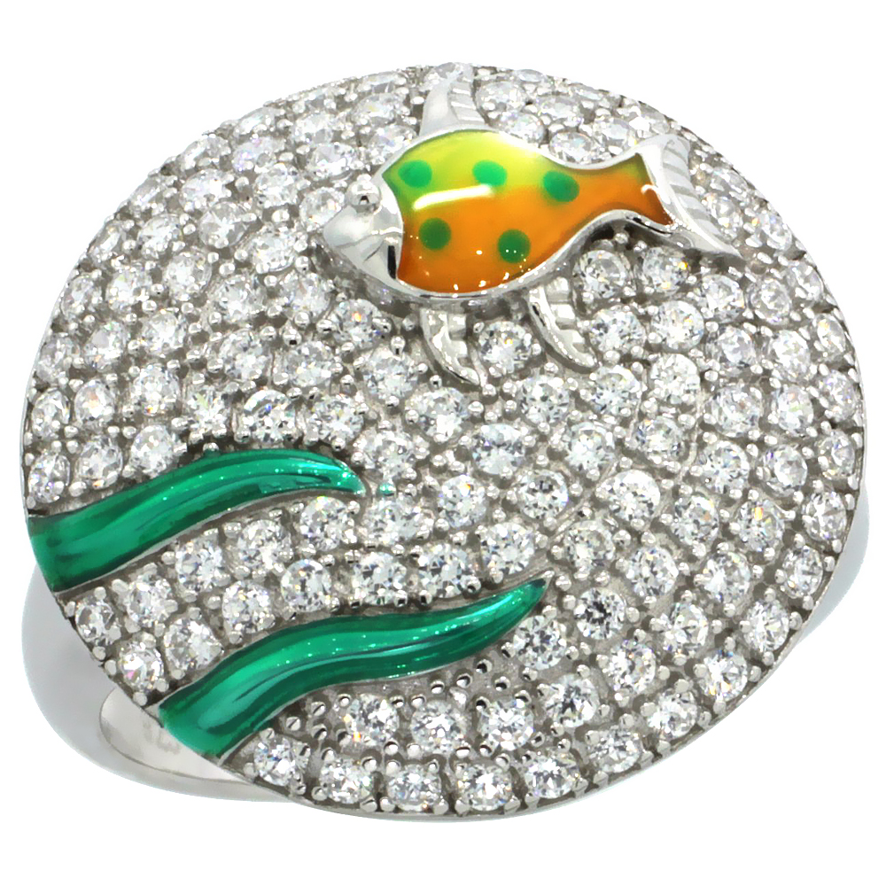 Sterling Silver Polka Dot Fish & Seaweed on Round Ring w/ Brilliant Cut CZ Stones, 3/4 in. (19 mm) wide