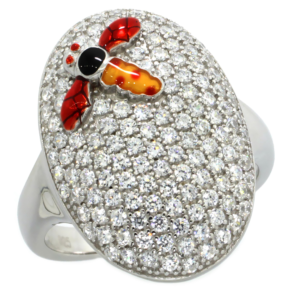 Sterling Silver Polka Dot Dragonfly on Oval Ring w/ Brilliant Cut CZ Stones, 7/8 in. (22 mm) wide