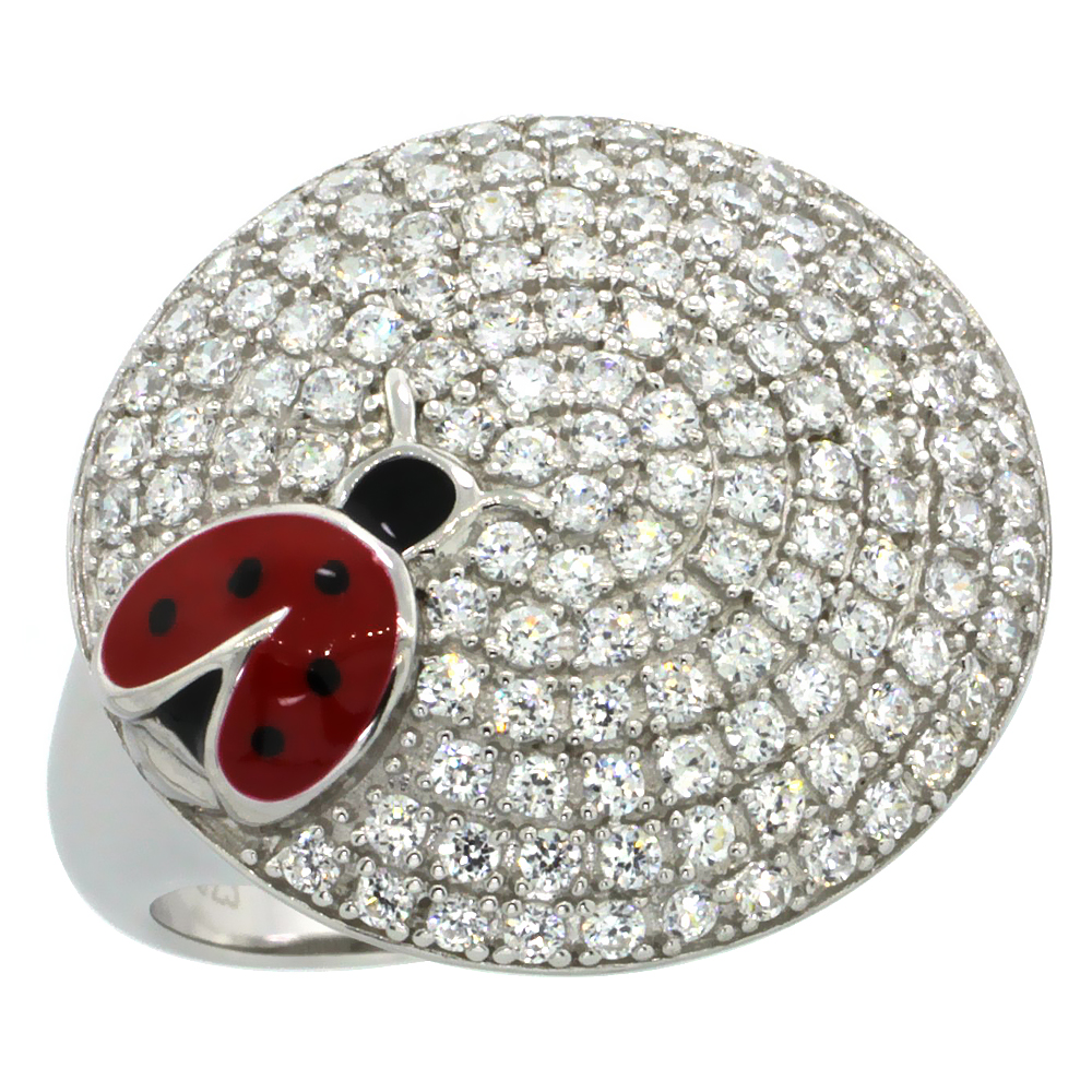 Sterling Silver Lady Bug on Round Ring w/ Brilliant Cut CZ Stones, 3/4 in. (18.5 mm) wide