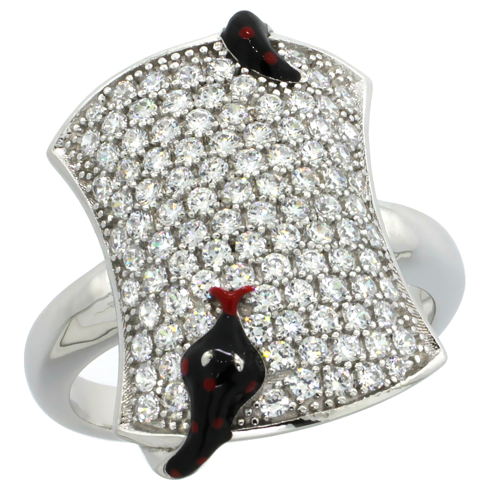 Sterling Silver Polka Dot Black Snake on Rectangular Ring w/ Brilliant Cut CZ Stones, 3/4 in. (19 mm) wide