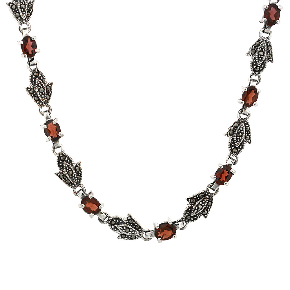 Sterling Silver Cubic Zirconia Garnet Marcasite Necklace, 16 inch long