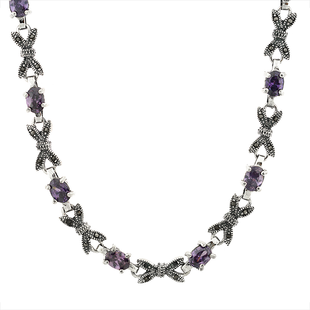 Sterling Silver Cubic Zirconia Amethyst Bow Marcasite Necklace, 16 inch long