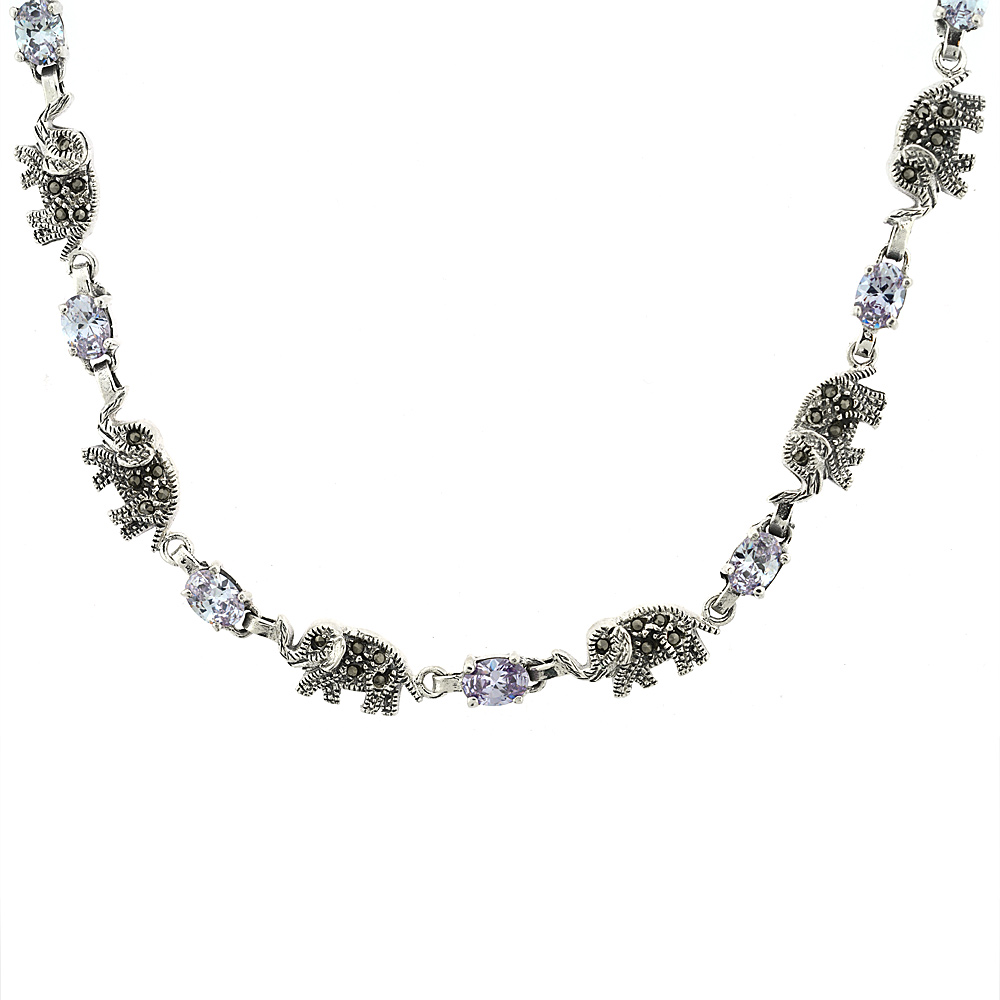 Sterling Silver Cubic Zirconia Alexandrite Elephant Marcasite Necklace, 16 inch long