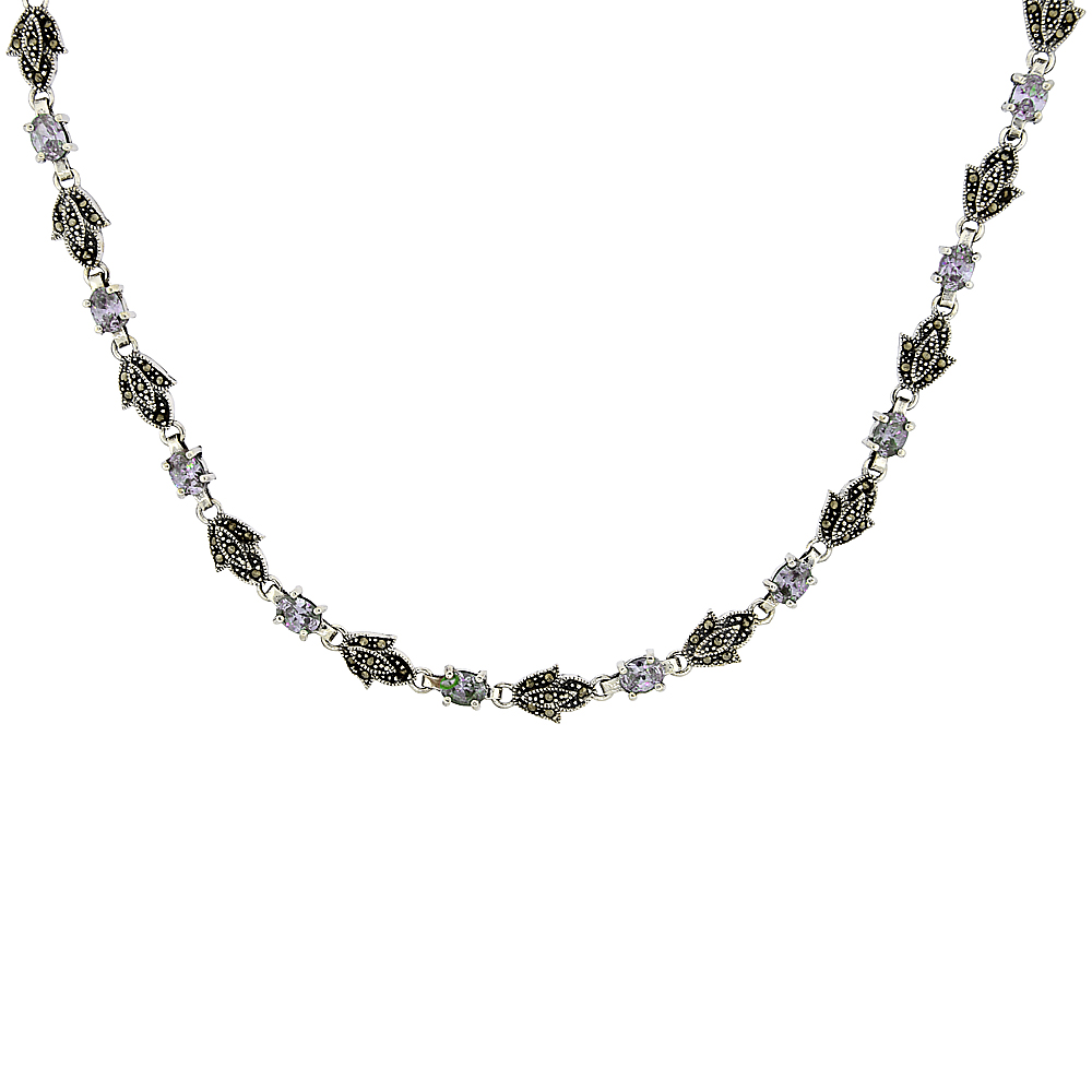 Sterling Silver Cubic Zirconia Lavender Marcasite Necklace, 16 inch long