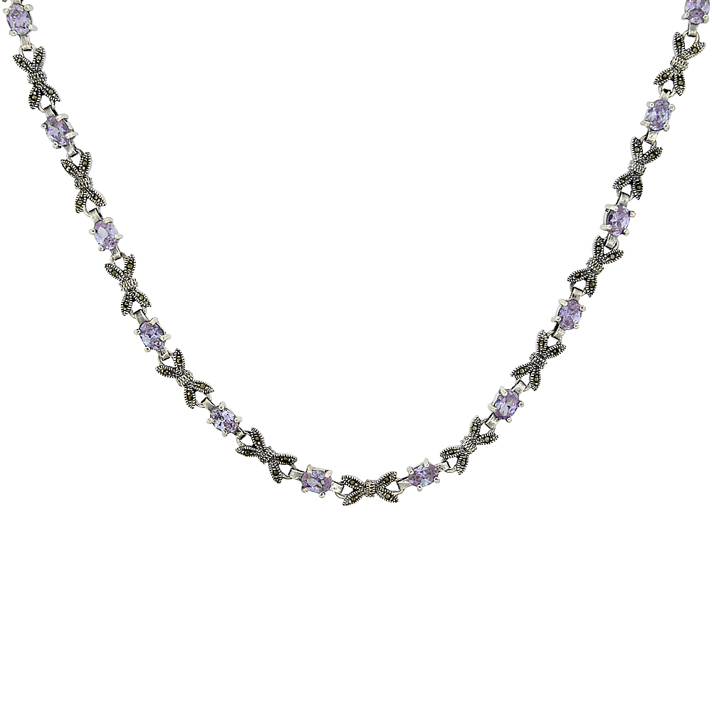 Sterling Silver Cubic Zirconia Lavender Bow Marcasite Necklace, 16 inch long