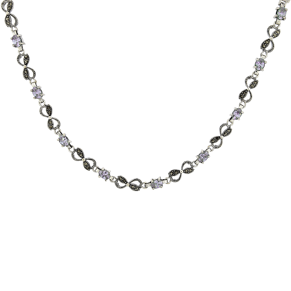 Sterling Silver Cubic Zirconia Clear Lemniscate Marcasite Necklace, 16 inch long