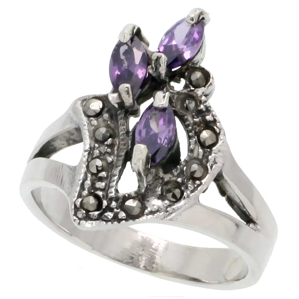 Sterling Silver Marcasite Freeform Ring, w/ Marquise Cut Amethyst CZ, 1" (25 mm) wide