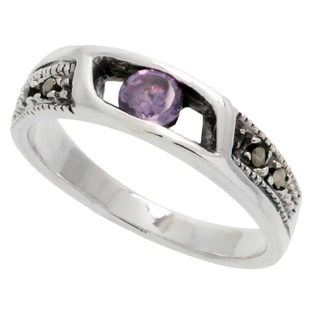 Sterling Silver Marcasite Thin Band, w/ Brilliant Cut Amethyst CZ, 3/16" (5 mm) wide