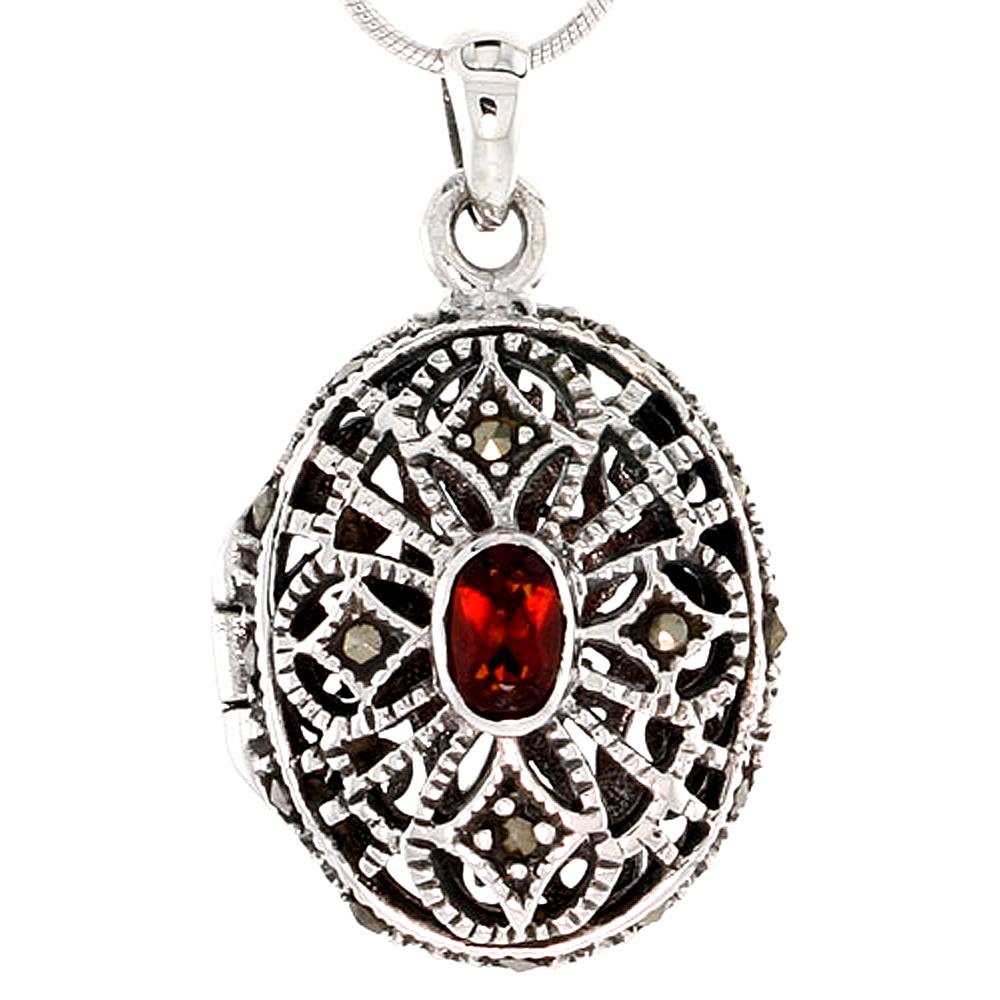 Sterling Silver Natural Garnet Oval Locket Marcasite Floral