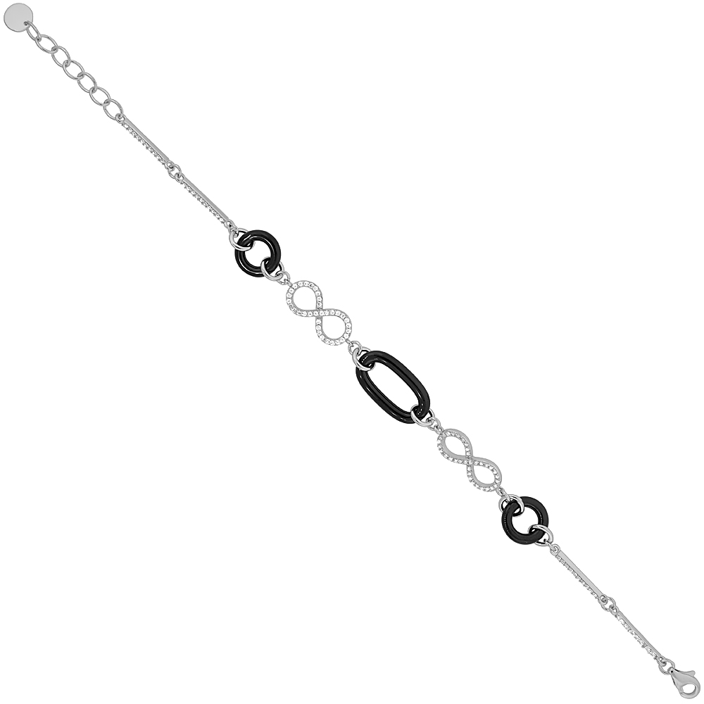 Sterling Silver Cubic Zirconia Infinity Bracelet Rhodium Finish & Black Ceramic