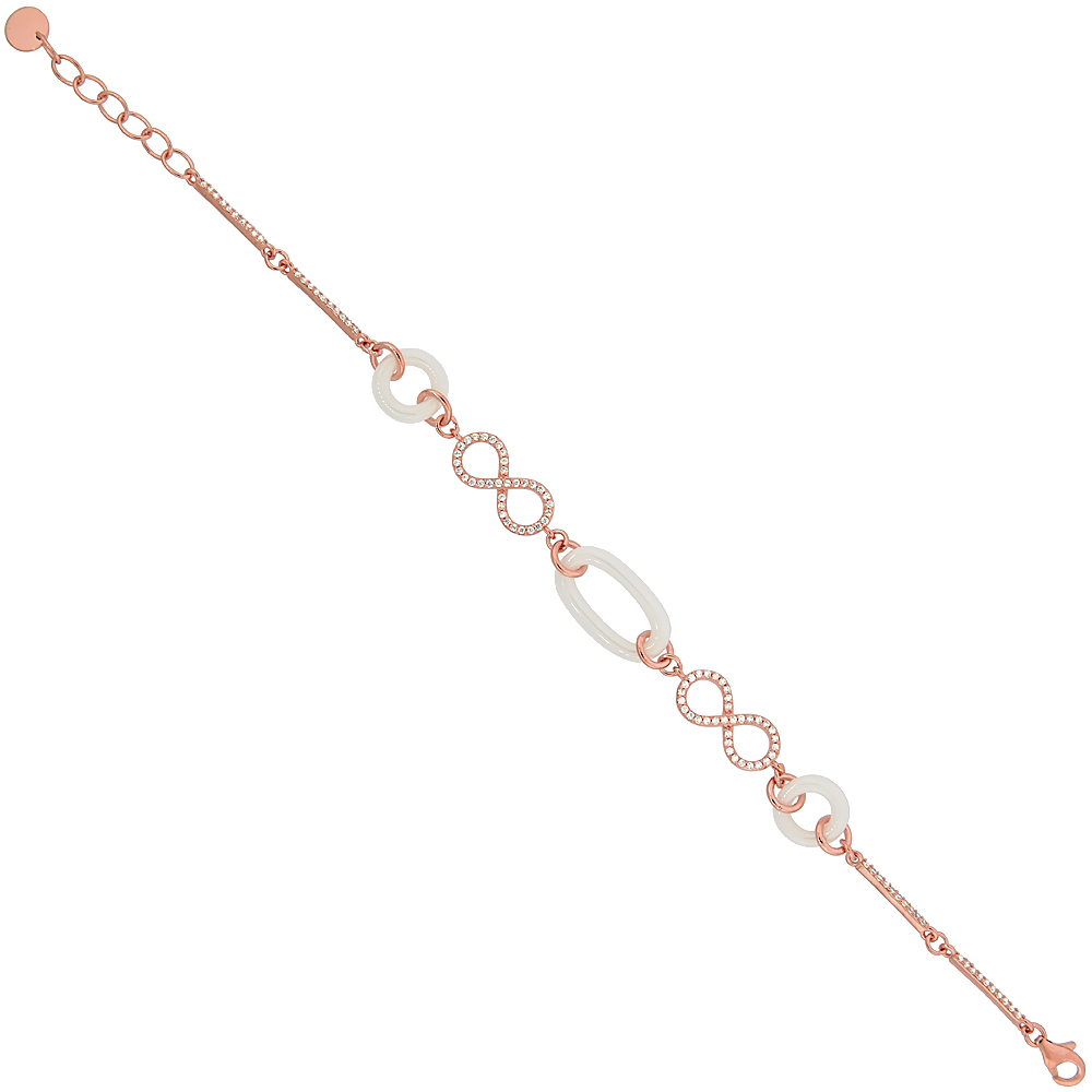 Sterling Silver Cubic Zirconia Infinity Bracelet Rose Gold Finish & White Ceramic