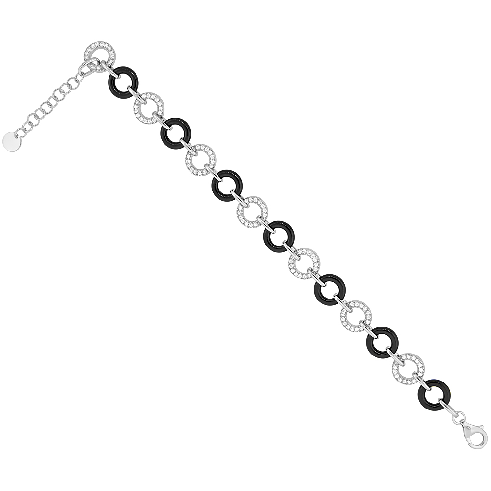 Sterling Silver Cubic Zirconia Circle Bracelet Rhodium Finish & Black Ceramic