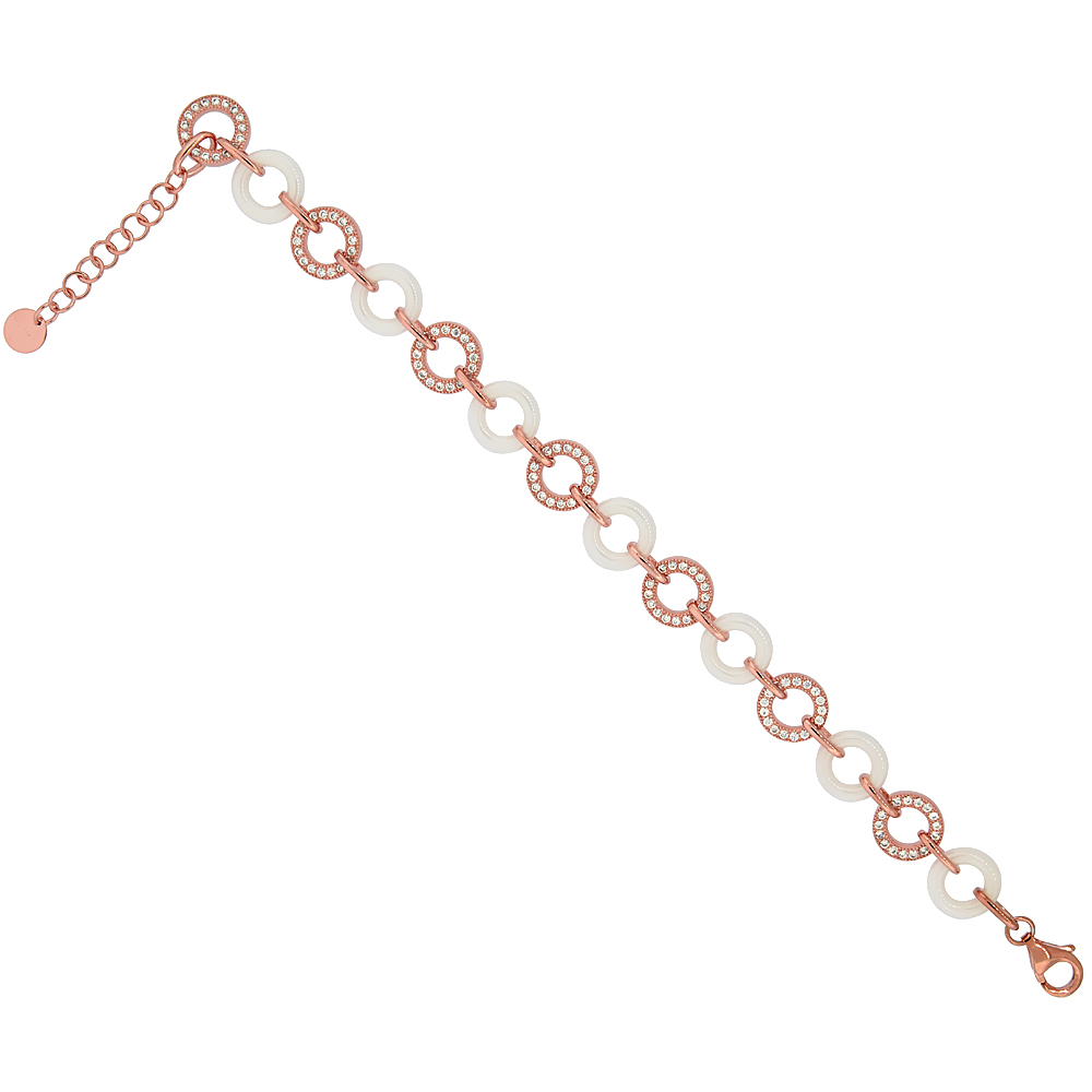 Sterling Silver Cubic Zirconia Circle Bracelet Rose Gold Finish & White Ceramic