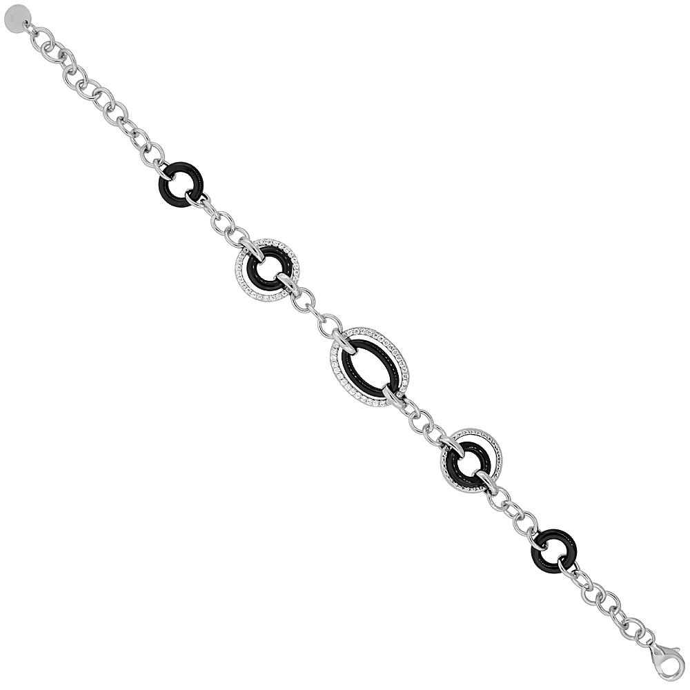 Sterling Silver Cubic Zirconia Oval & Circle Bracelet Rhodium Finish & Black Ceramic