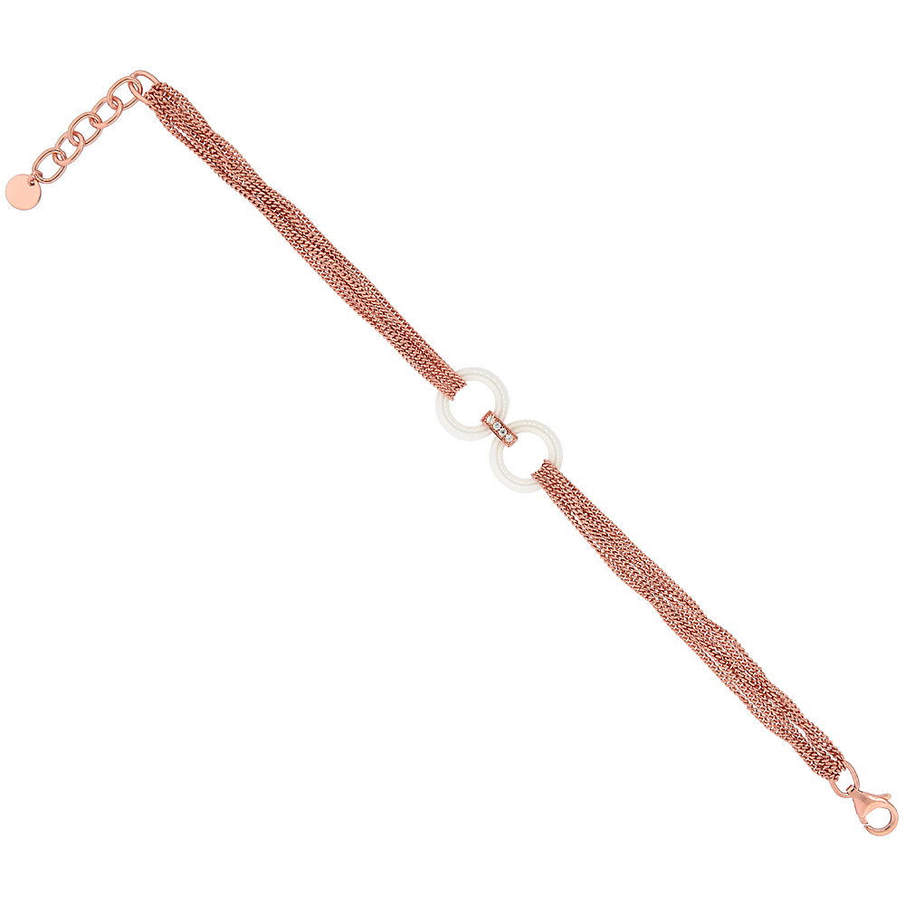 Sterling Silver Cubic Zirconia Twin Circles Bracelet Rose Gold Finish & White Ceramic