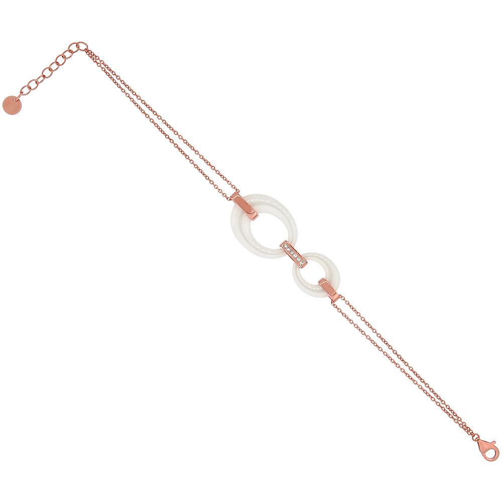 Sterling Silver Cubic Zirconia Oval Bracelet Rose Gold Finish & White Ceramic