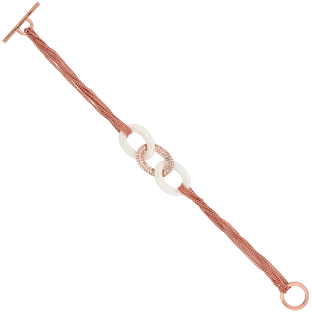 Sterling Silver Cubic Zirconia Triple Oval Toggle Bracelet Rose Gold Finish & White Ceramic