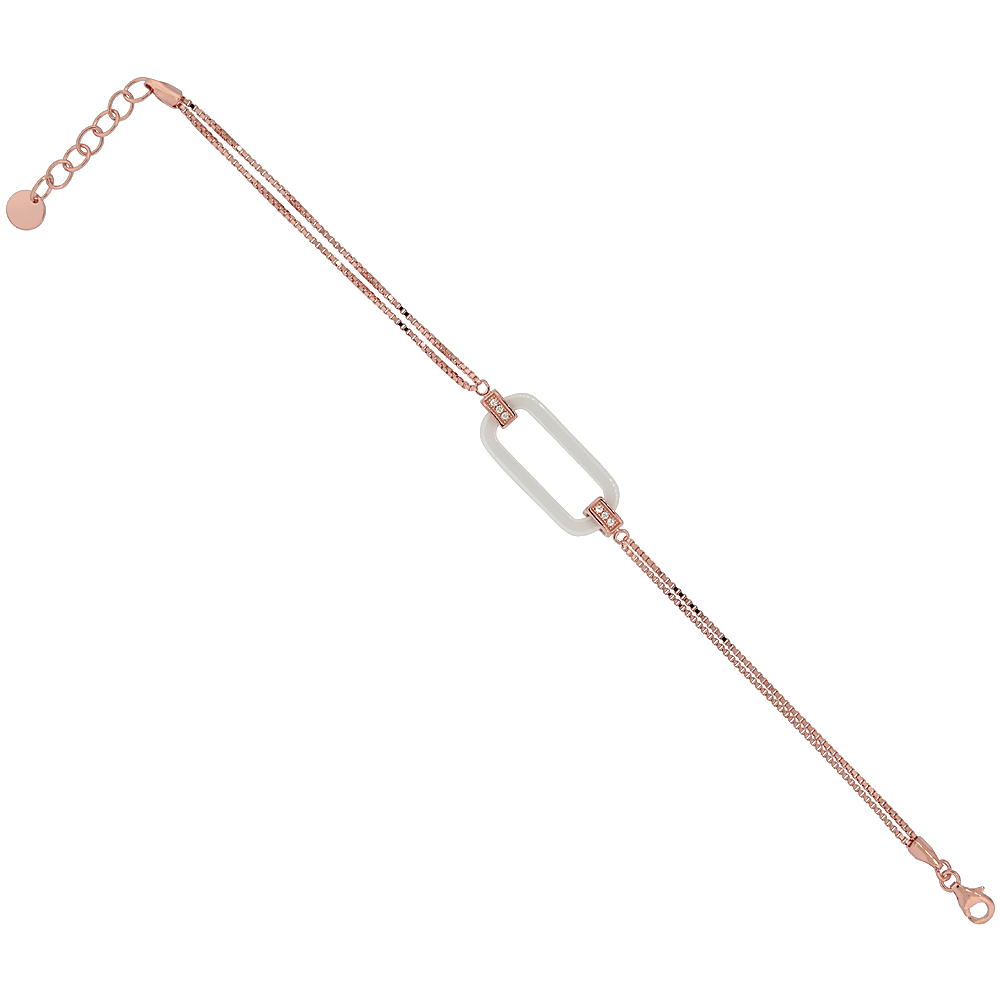 Sterling Silver Cubic Zirconia Double Link Box Bracelet Rose Gold Finish & White Ceramic