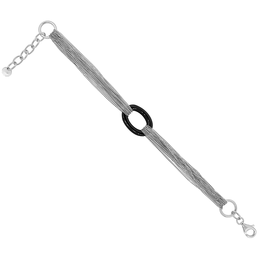 Sterling Silver Multi-link Bracelet Rhodium Finish & Black Ceramic