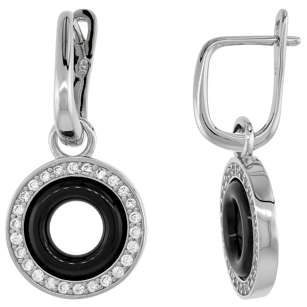 Sterling Silver Cubic Zirconia Lever Back Earrings Rhodium Finish & Black Ceramic