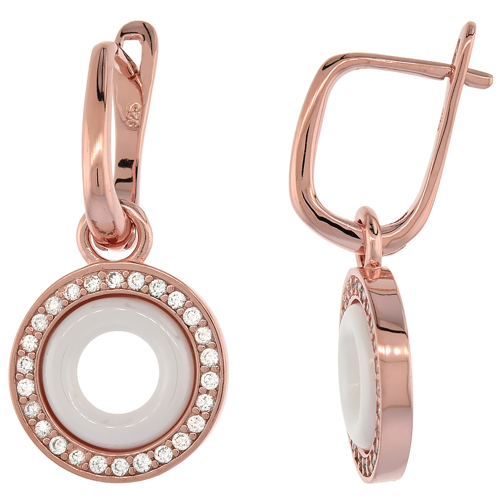 Sterling Silver Cubic Zirconia Lever Back Earrings Rose Gold Finish & White Ceramic