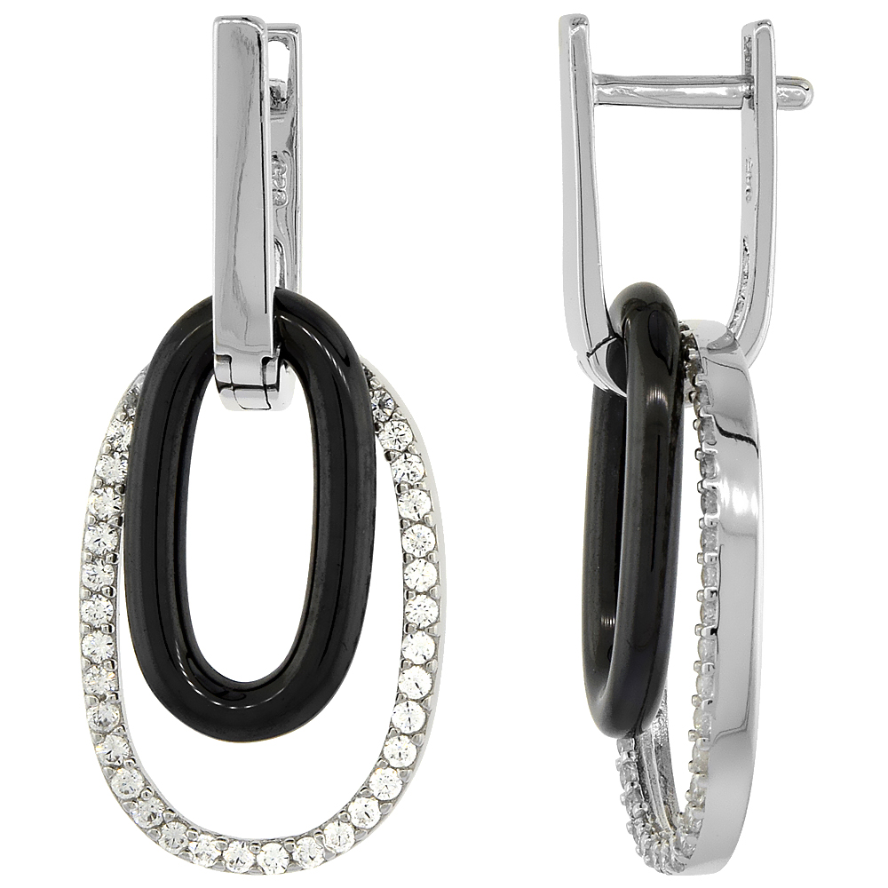 Sterling Silver Cubic Zirconia Lever Back Earrings Rhodium Finish & Black Ceramic
