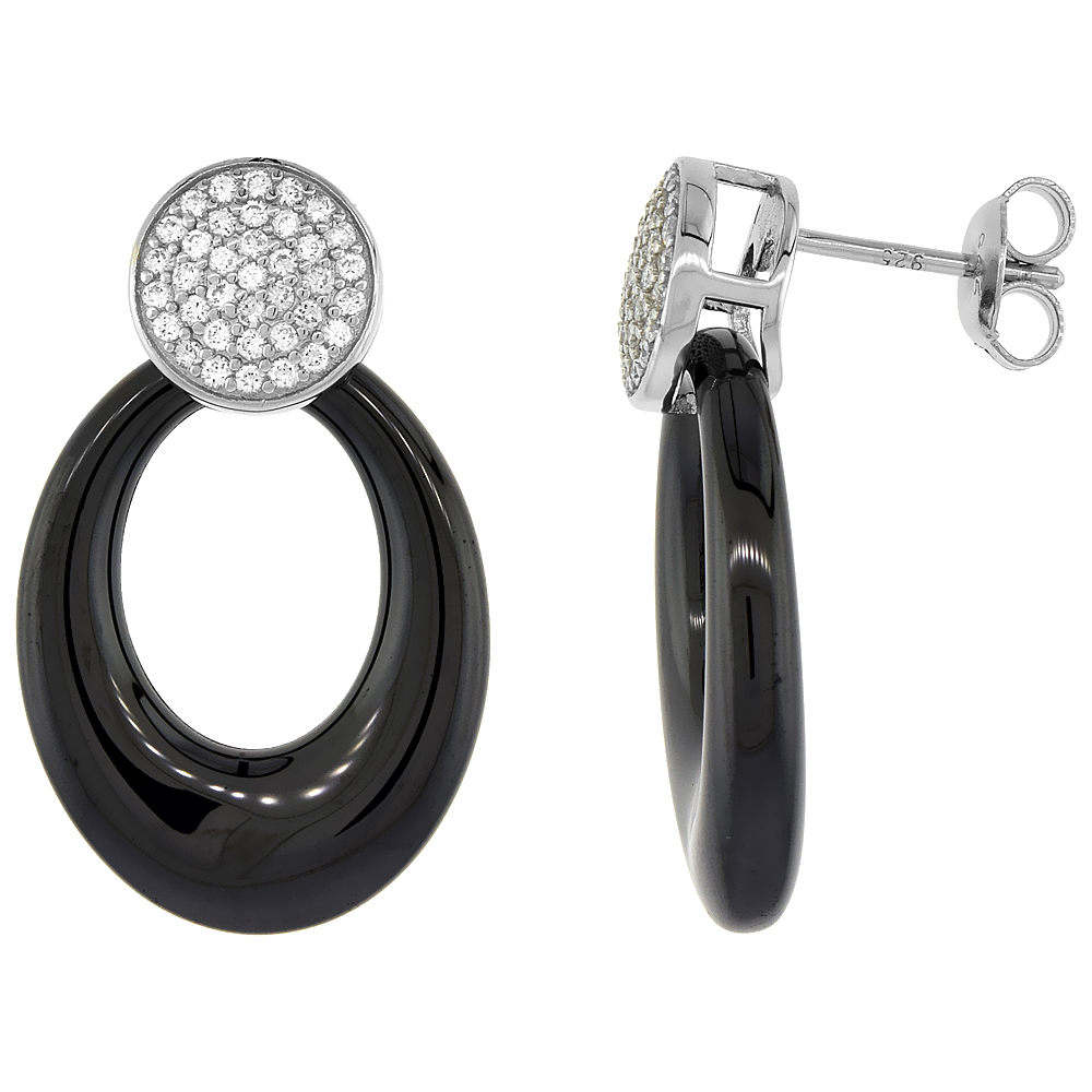 Sterling Silver Cubic Zirconia Post Earrings Rhodium Finish & Black Ceramic