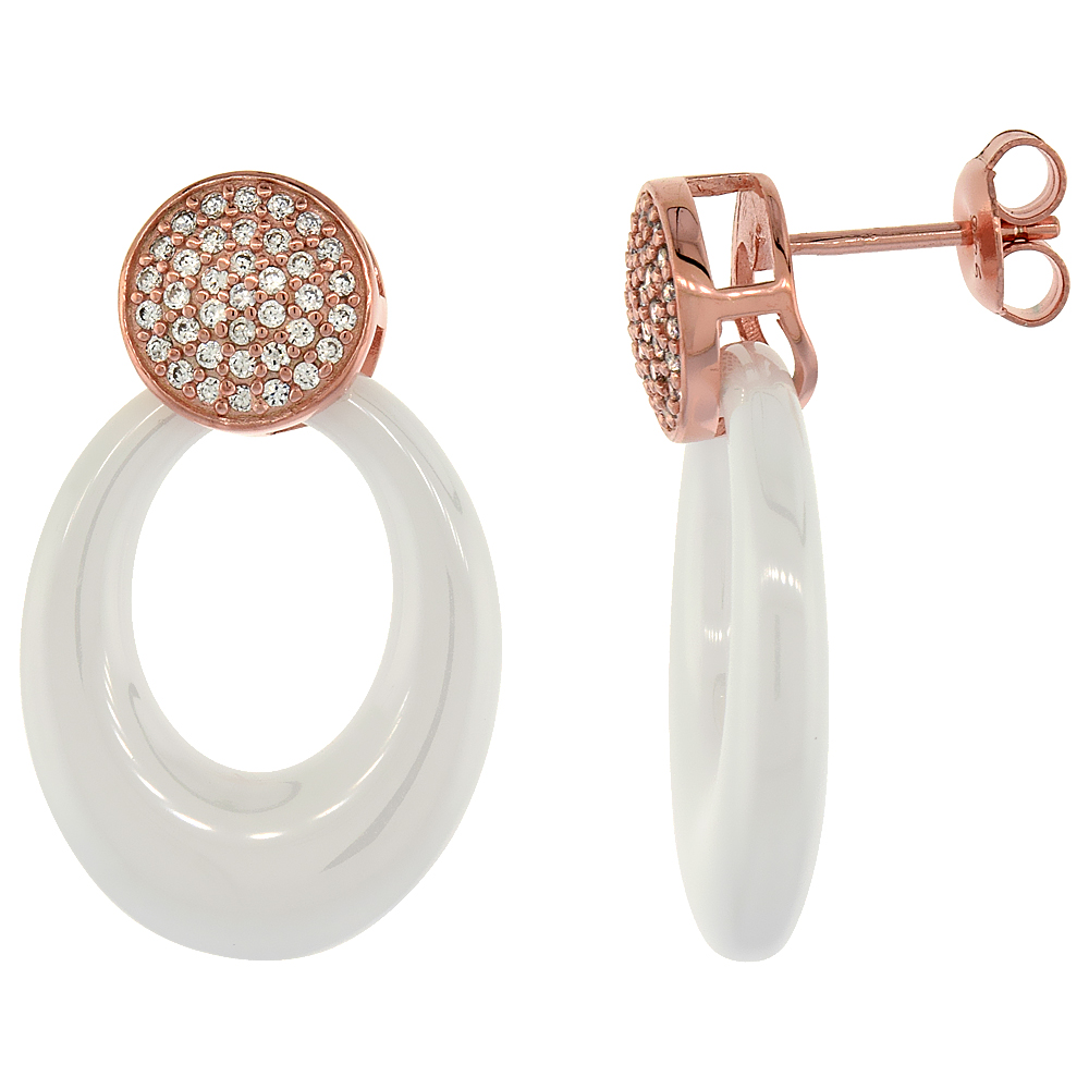 Sterling Silver Cubic Zirconia Post Earrings Rose Gold Finish & White Ceramic