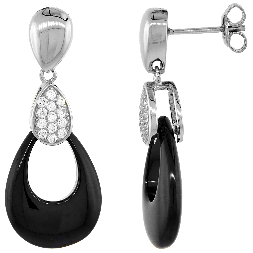 Sterling Silver Black Ceramic Cubic Zirconia Post Earrings Rhodium Finish & Black Ceramic