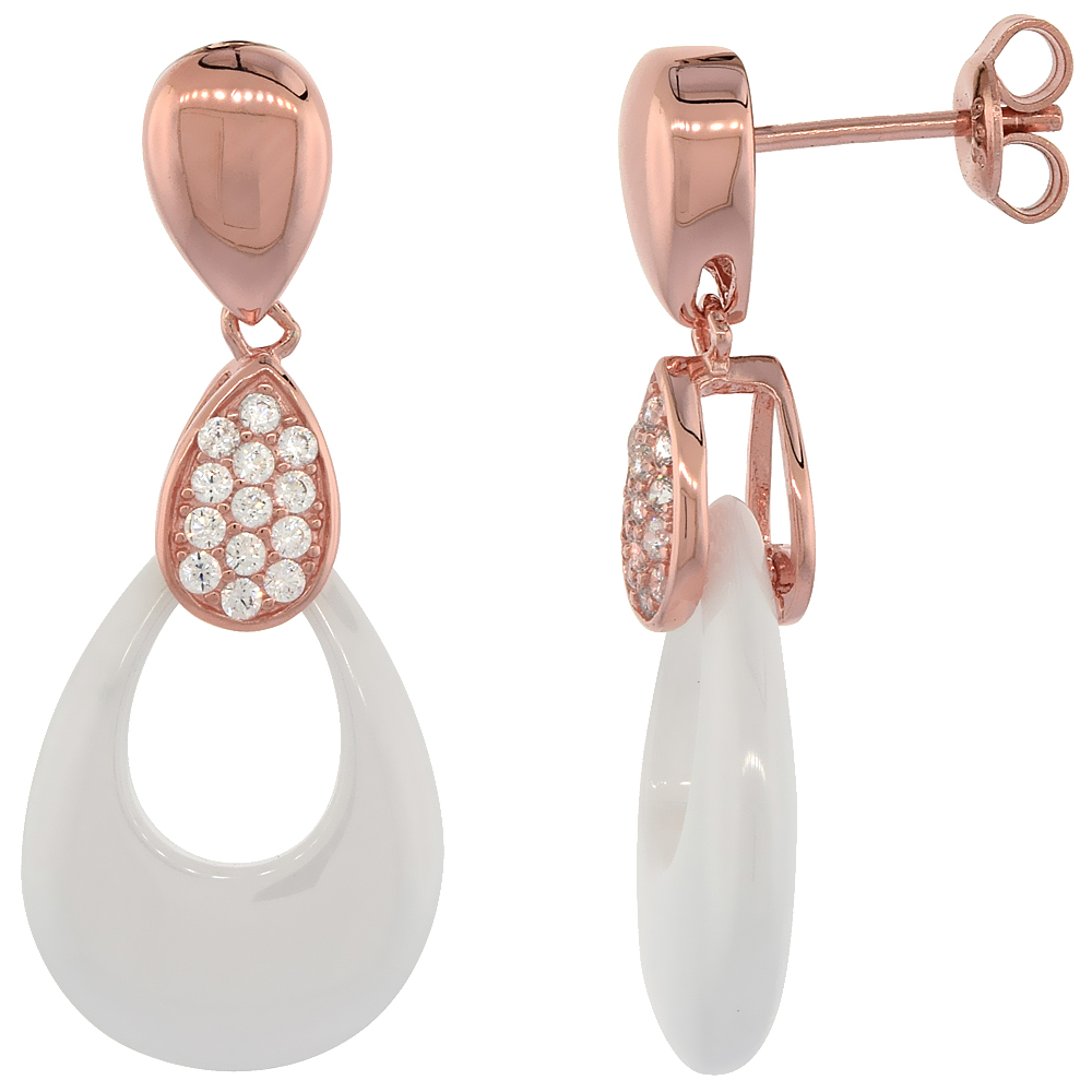 Sterling Silver White Ceramic Cubic Zirconia Post Earrings Rose Gold Finish & White Ceramic