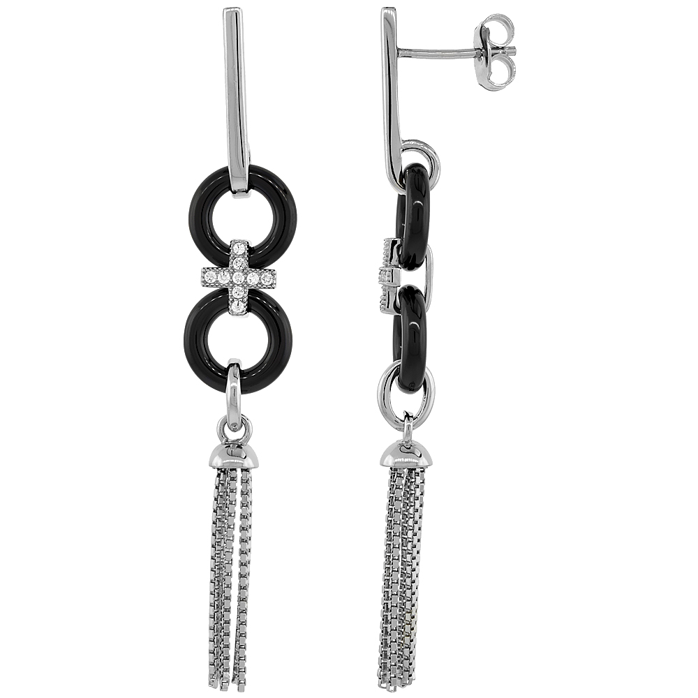 Sterling Silver Cubic Zirconia Cross Post Earrings Rhodium Finish & Black Ceramic